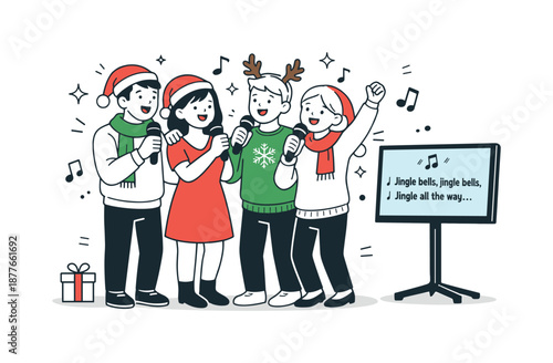 Christmas Karaoke Celebration. Group doing Christmas karaoke. Friends standing together singing into microphones with a lyrics screen nearby. Cheerful holiday