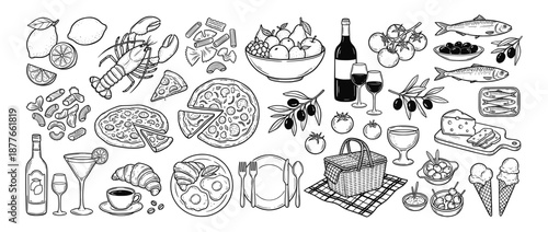 Hand-drawn Italian food collection with pasta dishes, wine bottles, fresh cheese, and Mediterranean cuisine elements in sketch style vector illustration
