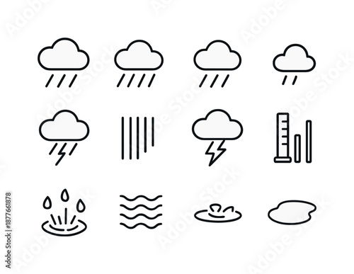 Rain Intensity Icons. Rain Intensity. Line icon set of Rain Intensity: light rain icon, medium rain, heavy rain, drizzle icon, shower cloud, downpour lines,