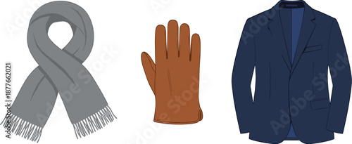 Winter formal clothing set, scarf, leather glove, blazer, cold weather fashion, flat vector illustration, seasonal outfit accessories design
