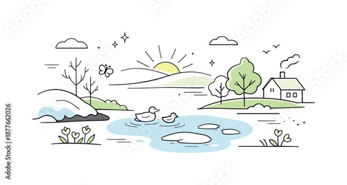 Spring Awakening. Early spring landscape concept. Minimal editorial nature scene highlighting transition from winter to spring, soft forms, light colors and