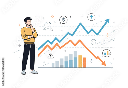 Market Trends Illustration. Stock market trends illustration. Character standing beside a large upward or downward graph line, expressing growth, fluctuation,