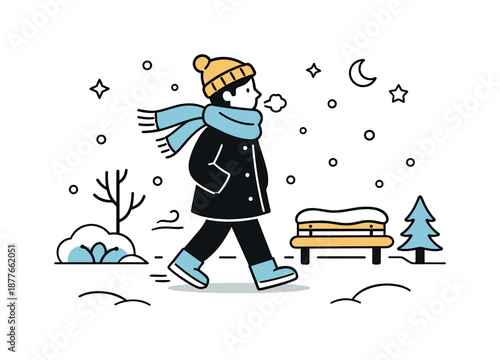 Winter Walk Reflection. Editorial Illustration February. A calm winter-themed editorial scene with a character walking outdoors, wrapped in a coat and scarf,