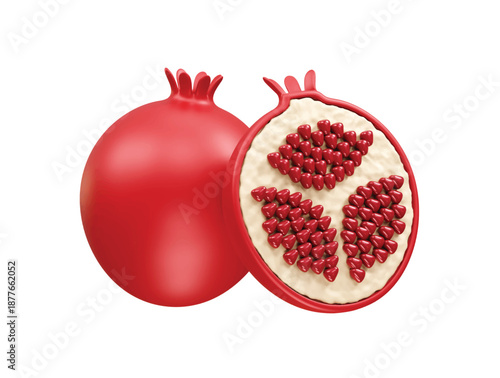 Whole and Sliced Pomegranate 3D icon illustration rendering