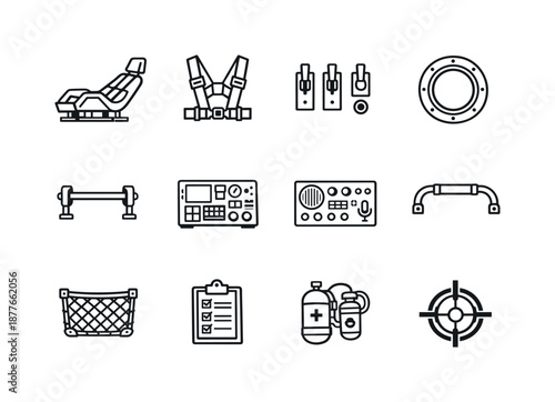 Space Capsule Icon Set. Space capsule interior. Line icon set of Space capsule interior: seat frame, harness straps, control switches, window port, footrest