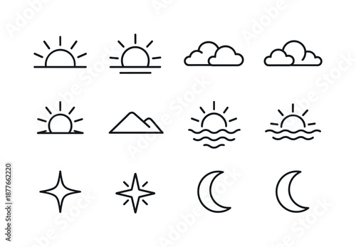 Sunrise and Sunset Icons. Sunrise and sunset. Line icon set of Sunrise and sunset: rising sun, setting sun, horizon line, sun rays, morning clouds, evening