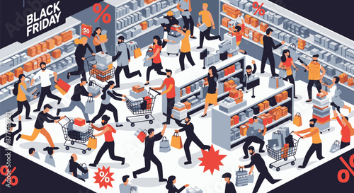 Crowded Black Friday Shopping Scene Illustration.