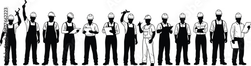 Large Group of Silhouette Construction Workers Standing in a Row Holding Tools and Helmets for Industrial Workforce Concept