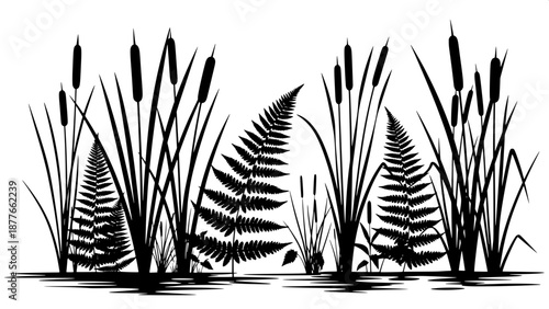 “Botanical wetland silhouettes, swamp flora collection, flat black vector, no gradients”
