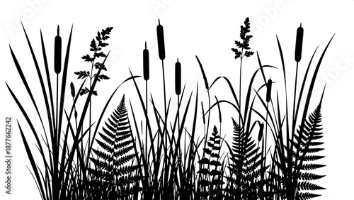 “Botanical wetland silhouettes, swamp flora collection, flat black vector, no gradients”