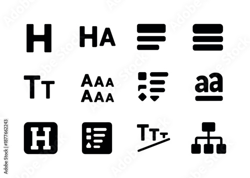 Typography Icon Set. Type hierarchy. Solid icon set of type hierarchy: heading icon, subheading icon, body text, text stack, size scale, font weights, visual