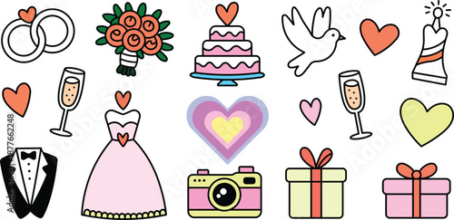 Cute Wedding Love Icons Colorful Doodle Set