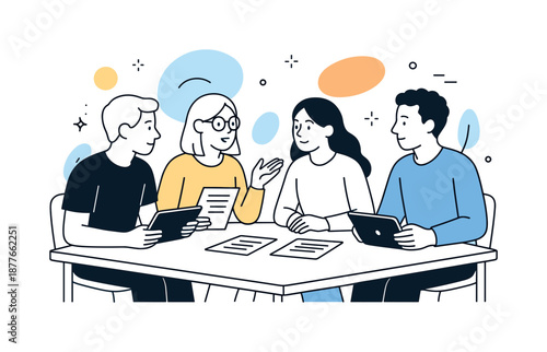 Collaborative Student Discussion. University collaboration. Small group of students discussing a project around a table with tablets and documents. Calm