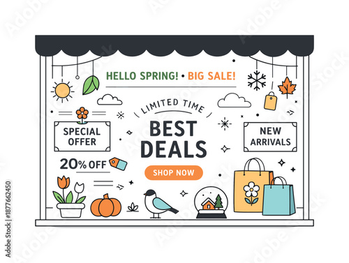 Seasonal Storefront Display. Seasonal promotion flat illustration. A storefront window decorated with simple seasonal elements, highlighting special offers and