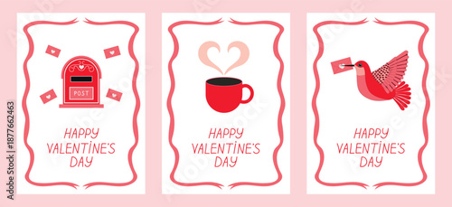 A set of Valentine's Day cards with envelopes, a mailbox, a flying bird with a letter in its beak, and a coffee cup with a heart-shaped smoke. Vector templates for invitations and cards.