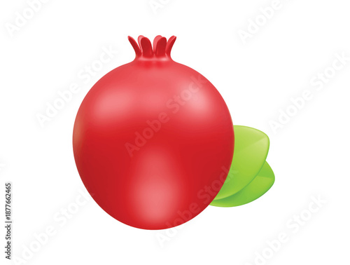 Pomegranate with Fresh Green Leaves icon 3d render illustration