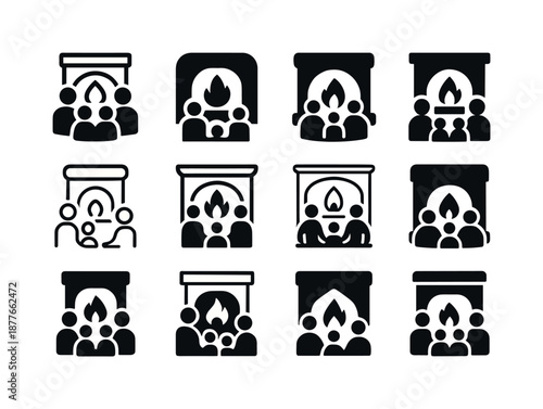 Fireplace Harmony Icons. People enjoying a warm fire in the fireplace. Icon set. Set Logo of people enjoying a warm fire in the fireplace: family by firelight.