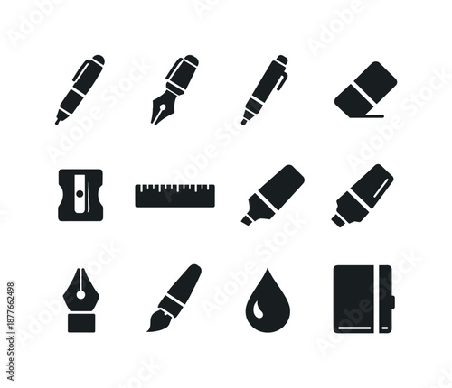 Writing Tools Icons. Journal writing tools. Solid icon set of journal writing tools: ballpoint pen, fountain pen, mechanical pencil, eraser, sharpener, ruler,