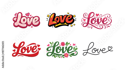 Diverse Love Lettering Grid. Cute love lettering illustrations. Set lettering. harmonious lettering variations of the same emblematic concept, each with