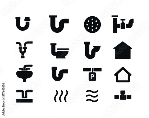 Plumbing Icon Set. Residential plumbing. Solid icon set of residential plumbing: bathroom pipe, kitchen pipe, shower drain, water inlet, sink connection,