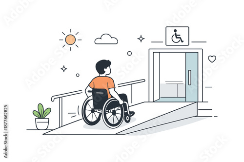 Accessible Building Entrance. Wheelchair accessibility. Person using a wheelchair entering a building via a smooth ramp. Inclusive design and
