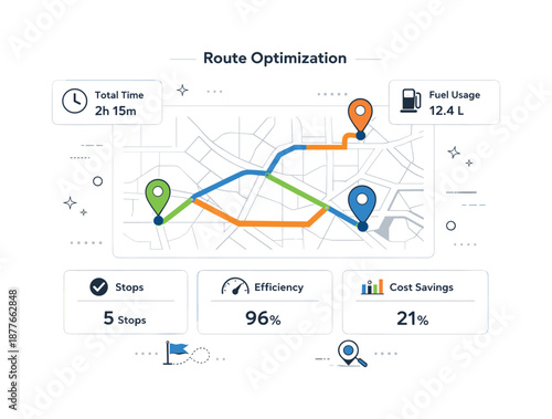 Smart Route Planning. Route optimization dashboard. Abstract map with simplified routes, location pins, and efficiency indicators on a digital screen. Feeling