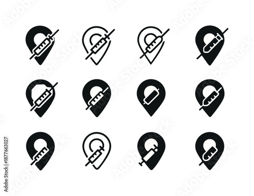 Vaccination Icon Set. Vaccination site with signs. Icon set. Set Logo of vaccination site with signs: syringe and location pin. harmonious logo variations of