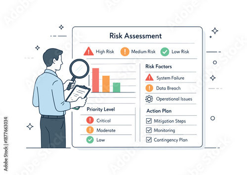 Risk Assessment Dashboard. Risk assessment process. A professional identifying potential risks on a structured dashboard with warning and priority icons.