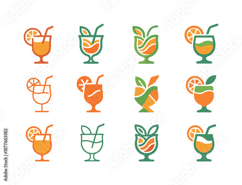Cocktail Emblem Logos. Cocktail specials. Icon set. Set Logo of cocktail specials: fruity mix emblem. harmonious logo variations of the same emblematic