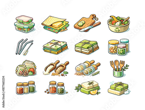 Sustainable Kitchen Icons. Sustainable Kitchen. Colorful isometric vector icons set of Sustainable Kitchen: glass food containers, beeswax wraps, wooden