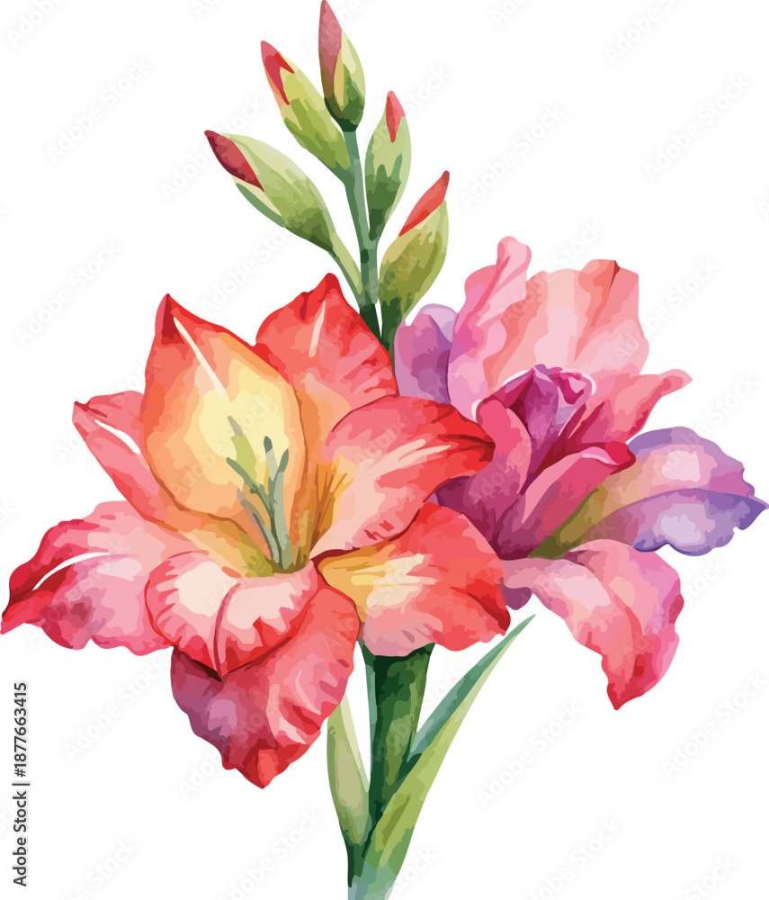Fototapeta premium Bright Gladiolus Flowers Arrangement Classic Watercolor Illustration