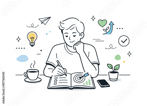 Reflective Growth Journey. Personal development journey. A character calmly reflecting while reviewing notes and goals, focusing on growth and self-awareness.