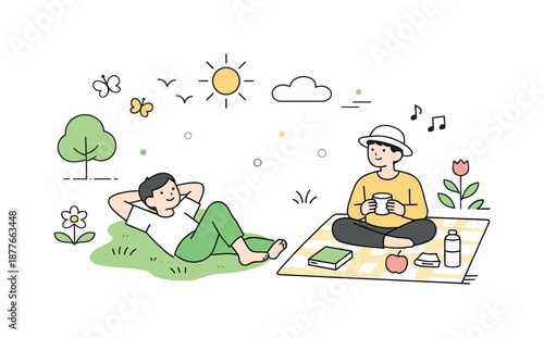 Springtime Zen. Spring relaxation outdoors. A person lying on grass or sitting on a picnic blanket with simple nature elements around. Peaceful rest and