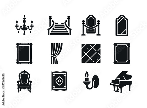 Elegant Interior Icons. Interior elegance. Solid icon set of interior elegance: chandelier, grand staircase, velvet rope, tall mirror, gold frame, long