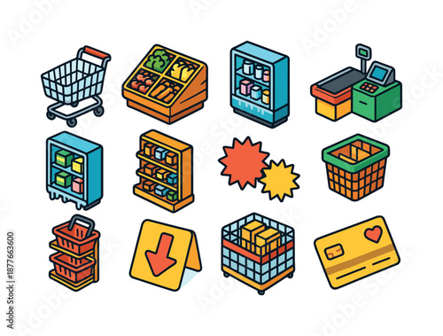 Supermarket Isometric Icons. supermarket. Colorful isometric vector icons set of supermarket: shopping trolley, produce section, dairy fridge, checkout lane,