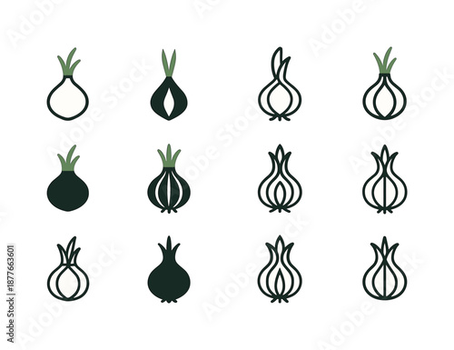 Onion Logo Variations. Onion. Icon set. Set Logo of onion: onion sprout top. harmonious logo variations of the same emblematic concept, each with different