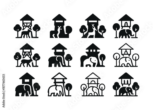 Wildlife Sanctuary Icons. Wildlife sanctuaries and animal care facilities. Icon set. Set Logo of Wildlife sanctuaries and animal care facilities: sanctuary