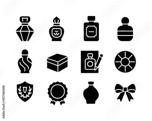 Luxury Fragrance Icons. Luxury fragrance design. Solid icon set of luxury fragrance design: faceted bottle, ornate cap, engraved label, gold trim icon,