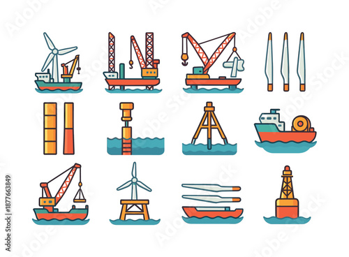 Offshore Wind Icons. Offshore wind construction. Colorful flat vector icons set of Offshore wind construction: installation vessel, jack-up ship, heavy lift