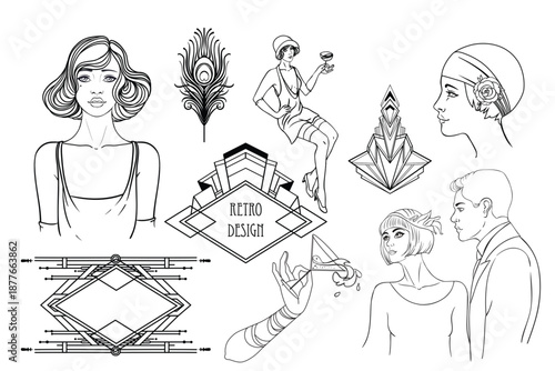 Black and white Art Deco vector set inspired by the Great Gatsby era. Decorative geometric frames and elements featuring men, women, fashion, cocktails, and vintage cars in elegant 1920s style.