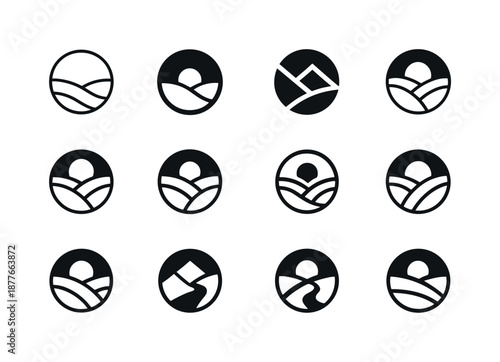 Lush Valley Logos. Lush Valley. Icon set. Set Logo of Lush Valley: valley horizon circle. harmonious logo variations of the same emblematic concept, each with