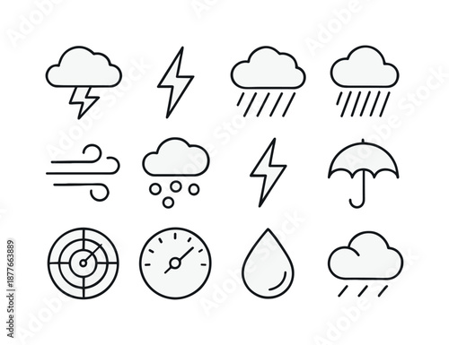 Thunderstorm Icon Set. Thunderstorm elements. Line icon set of thunderstorm elements: storm cloud, lightning bolt, rain cloud, heavy rain, wind gust, hail
