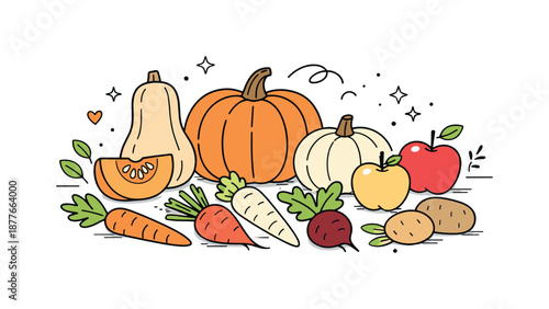 Autumn Harvest Illustration. Autumn produce illustration. Squash, pumpkins, apples, and root vegetables shown with calm earthy accents. Cozy harvest feeling,