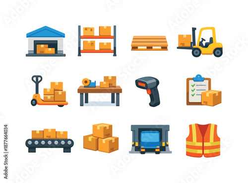 Colorful Warehouse Icons. Warehousing. Colorful flat vector icons set of warehousing: warehouse building, storage racks, pallets, forklift, pallet jack,