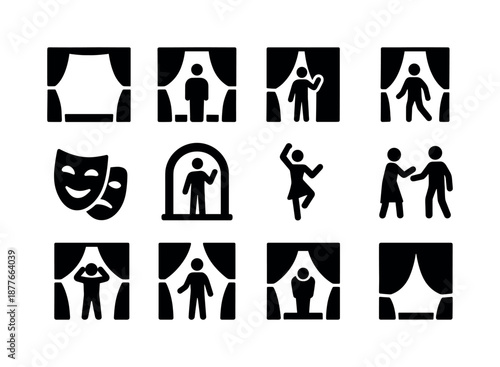 Live Show Icons. Live show moments. Solid icon set of Live show moments: curtain rise, opening scene, dramatic reveal, character entrance, mask performance,