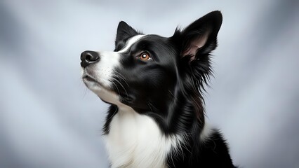 Border collie dog portrait looking up with alert expression against soft cloudy sky background for pet photography and animal themed designs.