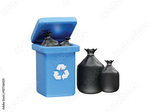 Recycling Bin with Black Garbage Bags 3D Render icon illustration