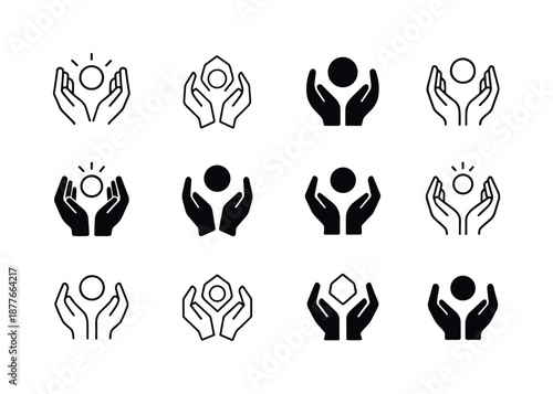 Therapeutic Touch Icons. Therapeutic touch. Icon set. Set Logo of therapeutic touch: balanced energy hands. harmonious logo variations: Symmetrical form,