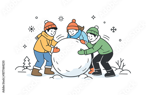 Building Snowman Together. Building a snowman teamwork. Friends lifting a large snowball together. Cooperation and shared effort outdoors. Minimalist flat