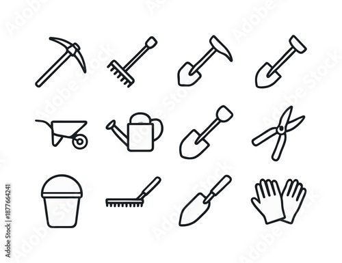 Manual Labor Tool Icons. Manual labor tools. Line icon set of Manual labor tools: pickaxe, rake, hoe, spade, wheelbarrow, watering can, shovel, pruning shears,